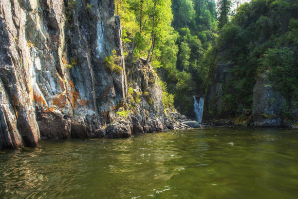 cascada kishte en el lago teletskoye - stream forest river waterfall fotografías e imágenes de stock