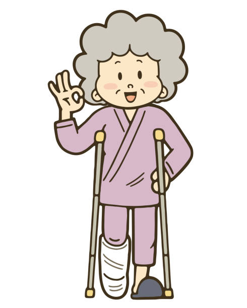 ilustracja uśmiechniętej starszej kobiety o kulach ze złamaną nogą. - slipper senior adult shoe human leg stock illustrations