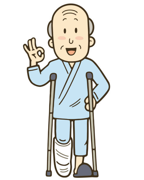 ilustracja uśmiechniętego starszego mężczyzny o kulach ze złamaną nogą. - slipper senior adult shoe human leg stock illustrations