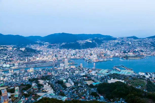 Nagasaki, Japan skyline at dusk, mt. inasa