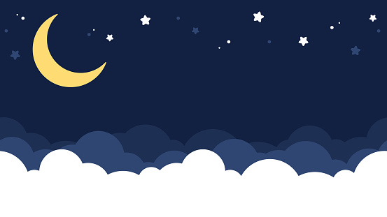 Dark blue night sky with moon and stars background. Flat vector illustration.