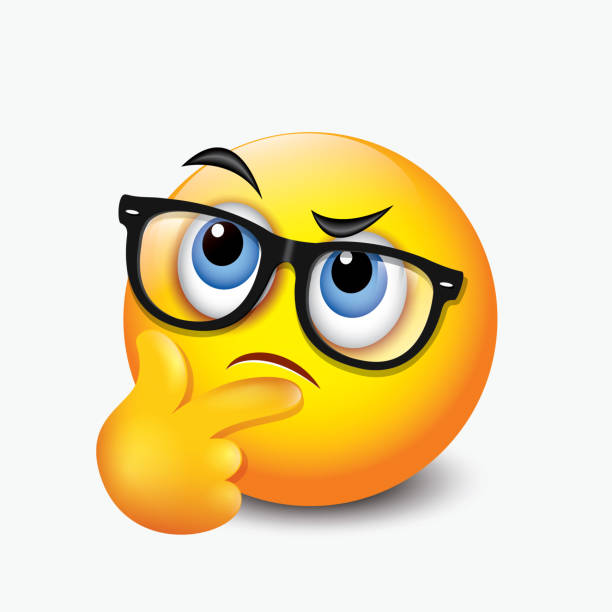 Thinking emoticon - question face emoji with eyeglasses - vector illustration Thinking emoticon - question face emoji with eyeglasses suspicion stock illustrations