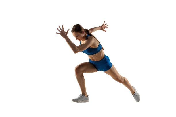 istock Beautiful woman, track athlete training isolated over white studio background. 1310060796
