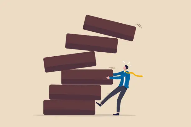 Vector illustration of Investment risk, failure or mistake for greedy decision, business strategy to be careful and balance on instability and uncertainty concept, businessman pulling wooden block from collapsing stack.