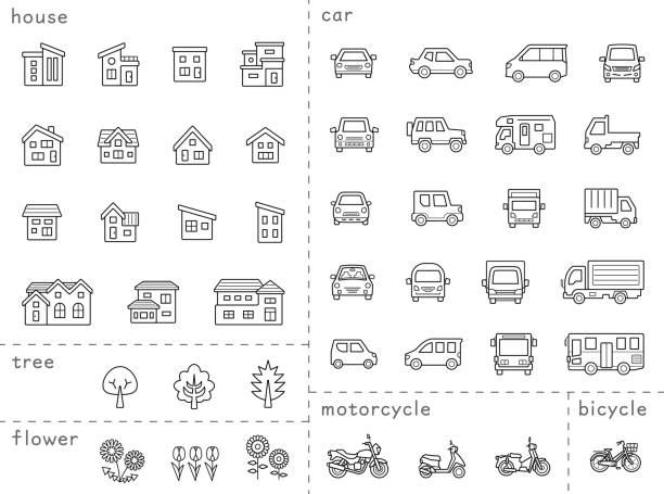 zestaw ikon domu i samochodu i roweru i roślin - tylko rysunek linii,linia jest stroke - wersja klasyfikacjowa - commercial land vehicle illustrations stock illustrations