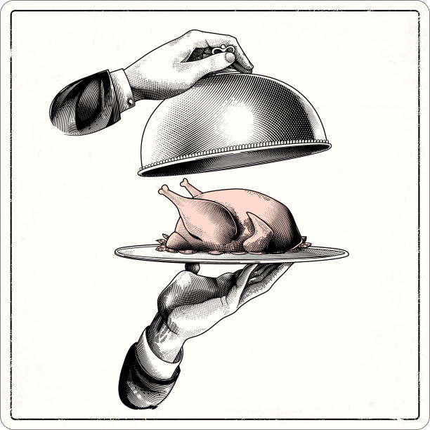 Serving tray in waiters hands Waiters hands holding serving plate and cloche engraved image. serving food and drinks stock illustrations