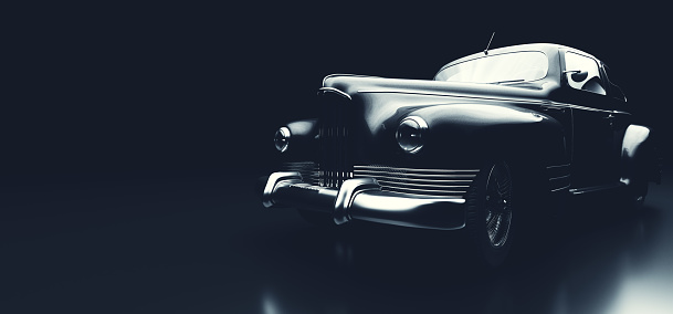 Classic retro car on black. Vintage vehicle. 3D illustration, brandless design
