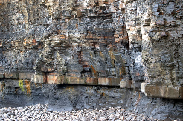 Colourful Kimmeridge Shale rock strata on a grey and bleak day where no people venture along the coastline with moody colours and fractured cliff strata along the wave swept waters edge in this beautiful scenery that holds many Jurassic fossils in part of the coast that is  open to the public as footpaths and trails along the Jurassic Coast, Dorset, England, UK