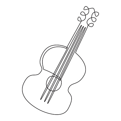 Single continuous line drawing of a guitar, line art. Black and white contour vector illustration of a guitar. For poster, print, postcard. Design of music stores, festivals, flyers, invitations