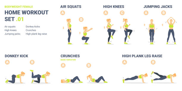 Home Workout Set. Set of Bodyweight Exercise Guidances for Female Home Workout without Equipment Home Workout Set. Bodyweight Exercise Guidances Set for Female Home Workout without Equipment. Contain High Knees, Air Squats, Jumping Jacks, Donkey Kicks, Crunches, High Plank Leg Raises Exercises. athletic legs stock illustrations