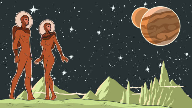 Vector Retro Astronaut Couple in Space Stock illustration A retro style vector illustration of a couple of astronaut  on an alien planet with outer space in the background. Wide space available for your copy. alien planet stock illustrations