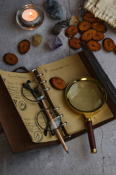 istock on the table are runes, a book ,a magnifying glass 1310072171