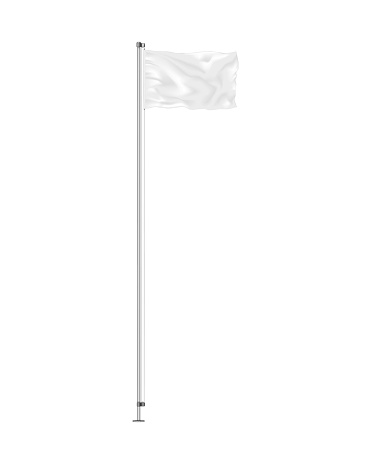 Blank waving flag on metal pole isolated on white background, realistic vector mock-up. Empty horizontal banner, mockup. Template for design