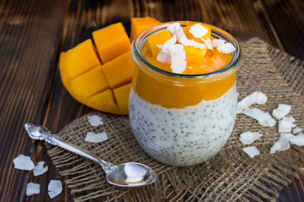 istock Pudding with chia,mango and coconut chips on the rustic wooden background 1310074325