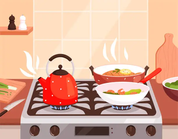 Vector illustration of Kitchen cooking. Boiling in pans on gas stove burning and steam from preparing food delicious cuisine nowaday vector cartoon background illustration