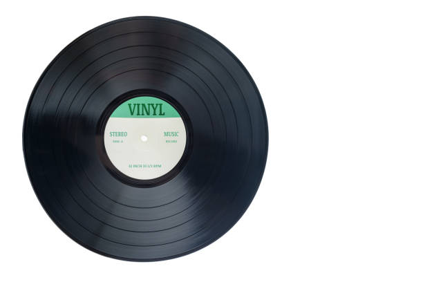 closeup view of gramophone vinyl lp record or phonograph record with green label. black musical long play album disc 12 inch 33 rpm spiral groove. stereo sound record. isolated on white background. - 33 rpm imagens e fotografias de stock