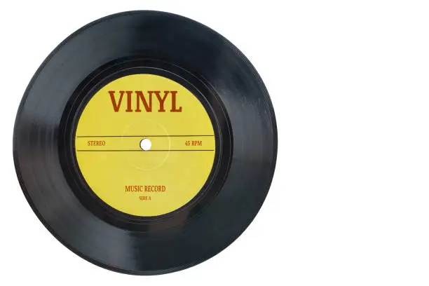 Photo of Closeup view of realistic gramophone vinyl record or phonograph record with yellow label. Black musical single play disc 7 inch 45 rpm spiral groove. Stereo sound record. Isolated on white background.