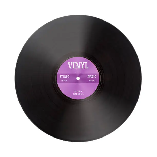 Closeup view of gramophone vinyl LP record or phonograph record with violet label. Black musical long play album disc 12 inch 33 rpm spiral groove. Stereo sound record. Isolated on white background.