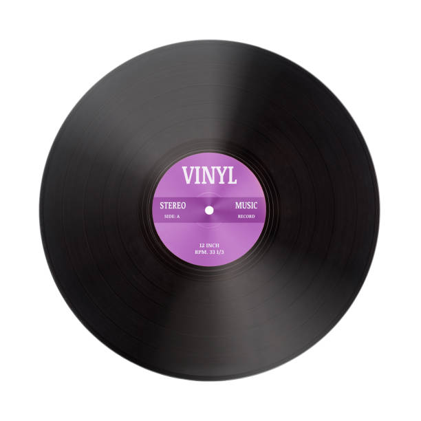 closeup view of gramophone vinyl lp record or phonograph record with violet label. black musical long play album disc 12 inch 33 rpm spiral groove. stereo sound record. isolated on white background. - number 12 audio imagens e fotografias de stock