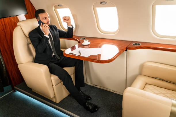istock Businessman flying on private jet 1310076659