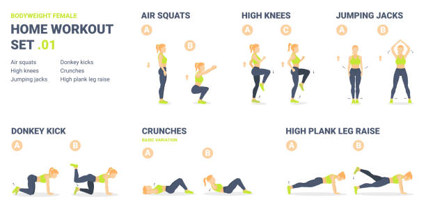 Home Workout Set. Set of Bodyweight Exercise Guidances for Female Home Workout without Equipment Home Workout Set. Bodyweight Exercise Guidances Set for Female Home Workout without Equipment. Contain High Knees, Air Squats, Jumping Jacks, Donkey Kicks, Crunches, High Plank Leg Raises Exercises. jumping jacks stock illustrations
