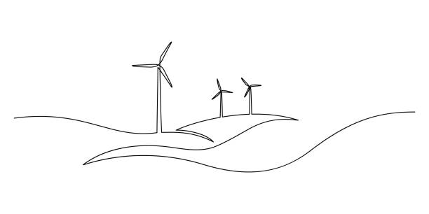 Wind energy Wind energy in continuous line art drawing style. Hilly landscape with wind turbines producing electricity. Renewable source of power. Black linear design isolated on white background windmill stock illustrations