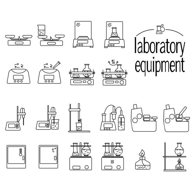 ilustraciones, imágenes clip art, dibujos animados e iconos de stock de conjunto de equipos de laboratorio de iconos lineales, instrumentos para laboratorio biológico, químico o bioquímico - beaker laboratory weight scale physics
