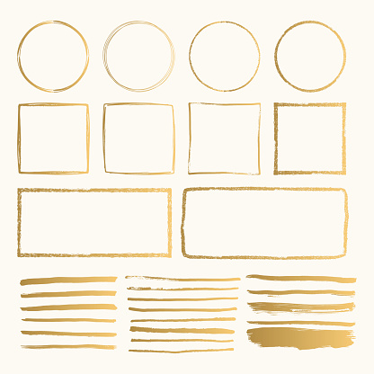 Set of golden hand drawn doodle pencil scribbles and frames. Handmade texture. Glitter shapes with rough edges. Vector isolated illustration.