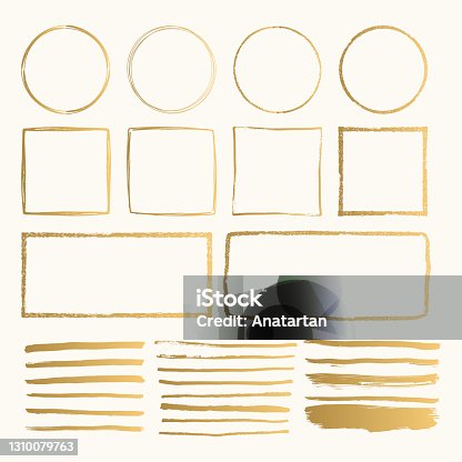 istock Set of golden hand drawn doodle pencil scribbles and frames. Handmade texture. Glitter shapes with rough edges. Vector isolated illustration. 1310079763