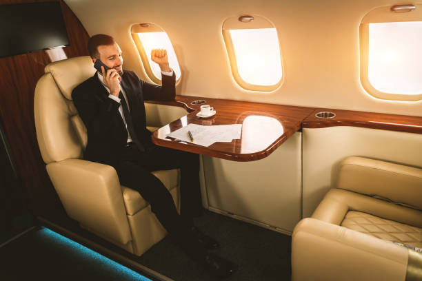 istock Businessman flying on private jet 1310079825