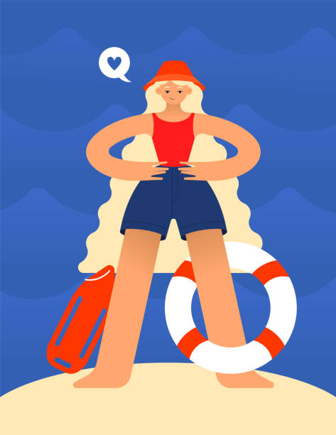 ilustrações de stock, clip art, desenhos animados e ícones de a tanned blonde girl in a panama hat and a swimsuit works as a lifeguard at the sea - lifeguard association