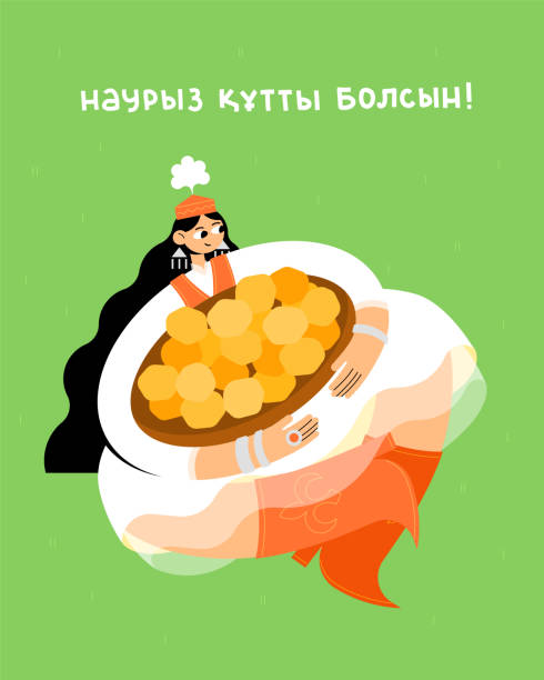 Kazakh text "Happy Nauryz!" Spring equinox holiday in Kazakhstan Kazakh text "Happy Nauryz!" Spring equinox holiday in Kazakhstan. A long-haired girl in a national white dress holds a plate with baursak pastries. Flat bright vector illustration. first day of spring 2021 stock illustrations