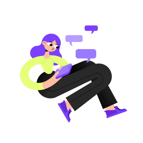 A girl in business trousers and a long sleeve is texting in a smartphone chat next to the bubble A girl in business trousers and a long sleeve is texting in a smartphone chat next to the bubble. Remote work in the office or freelance. Flat bright vector illustration. girl levitating stock illustrations