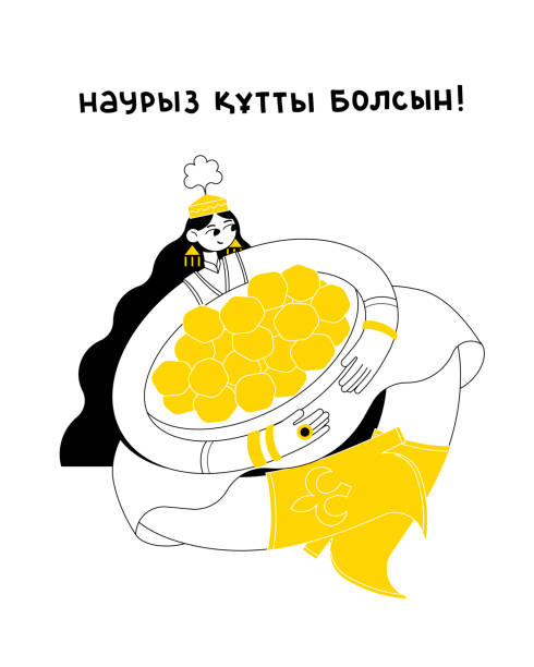 Kazakh text "Happy Nauryz!" Spring equinox holiday in Kazakhstan Kazakh text "Happy Nauryz!" Spring equinox holiday in Kazakhstan. A long-haired girl in a national white dress holds a plate with baursak pastries. Flat outline minimalism vector illustration. first day of spring 2021 stock illustrations