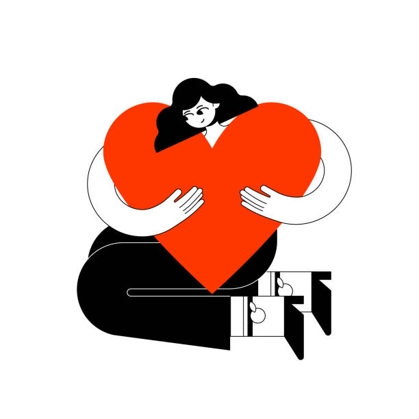 A strong, beautiful woman in a T-shirt, sneakers and shorts hugs a big heart with her hands A strong, beautiful woman in a T-shirt, sneakers and shorts hugs a big heart with her hands. Take care and love yourself. Stylish trendy look. Flat outline vector illustration. self love stock illustrations