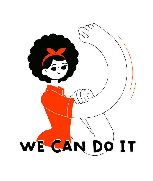 Vector illustration of We can do it! The girl shows her strength in body and spirit