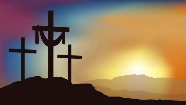 Vector illustration of three crosses for crucifixion stand on Mount Golgotha against the background of sunrise