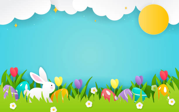 ilustrações de stock, clip art, desenhos animados e ícones de happy easter background vector illustration. white rabbit and easter eggs in spring meadow on blue sky background. paper art style - tulip field flower cloud