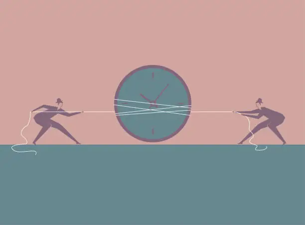 Vector illustration of The two pulled the clock vigorously.