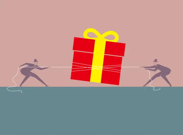 Vector illustration of Two people pulled the gift hard.