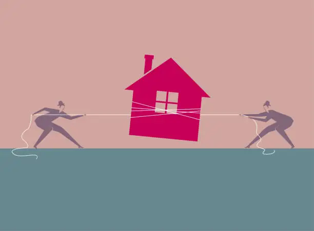 Vector illustration of Two people pulled the house vigorously.