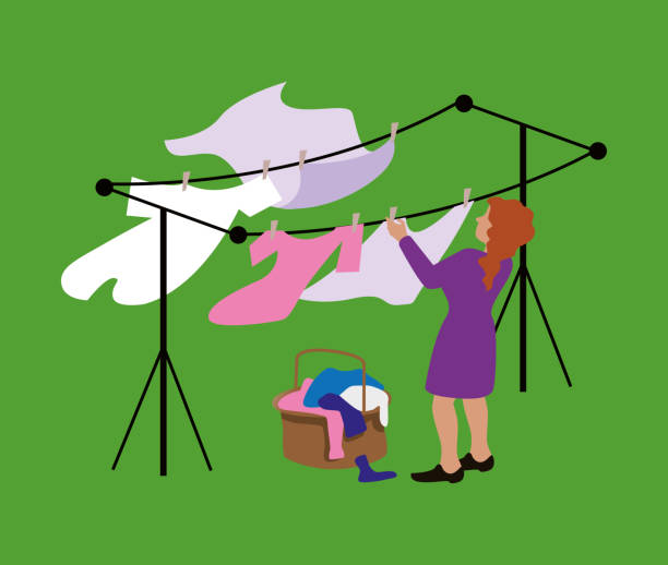 ilustrações, clipart, desenhos animados e ícones de mulher pendurando roupa ao vento - laundry clothing clothesline hanging