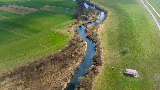 Renaturation of a small river - aerial view
