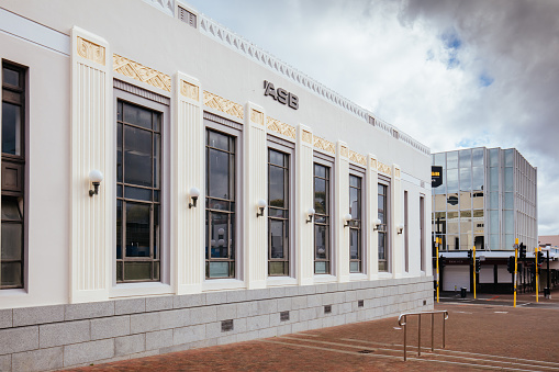Napier, New Zealand - September 30 2017: The historic art deco architecture in Napier CBD on an early spring morning in New Zealand