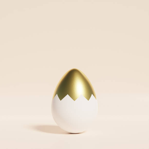 istock Easter egg decorated with golden texture on beige background, spring April holidays card, 3d illustration render 1310085035