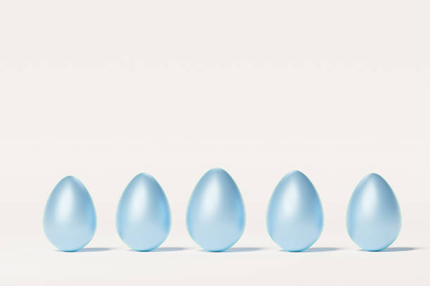 istock Painted blue Easter eggs, beige neutral background, spring April holidays card, isometric 3d illustration render 1310085054