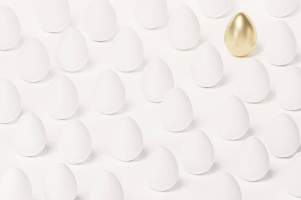 istock White Easter eggs and one egg decorated with gold, spring April holidays card, isometric 3d illustration render 1310085076
