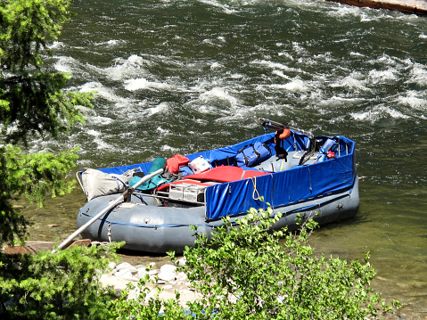 Stanley, Idaho- July 2, 2010:\n\n\nThis image is of a majestic Sweep Boat tied up at Marble Creek Right Camp on the Middle Fork of the Salmon River in Idaho's Frank Church Wilderness Area in July. \n\nModern Sweep Boats are unique to the Salmon River, and most particular, the Middle Fork of the Salmon River. Sweep boats can only be steered; there is no method of propulsion other than using the constant gradient of the current to allow for this baggage barge of sorts (designed to carry about 70-80% of a trip’s gear and supply load) to be floated downstream. Controlled and steered only by two long sweep arms (two big rudders mounted to the bow and stern), the sweep boat builds momentum and uses the gradient to fall downstream. The mechanics of how they move builds momentum, and when properly ‘driven’, the boat moves faster than the current floating it and has the ability to track in and around the rapids. There are no brakes and stopping a boat without prior planning is often wishful thinking.\n\nUsually the boatman (or woman) is the first boat to leave in the morning and remains alone for the day. An old boatman’s adage is that a sweep boat is hours of boredom broken up by moments of sheer terror: if you get into trouble help is far behind and well delayed.