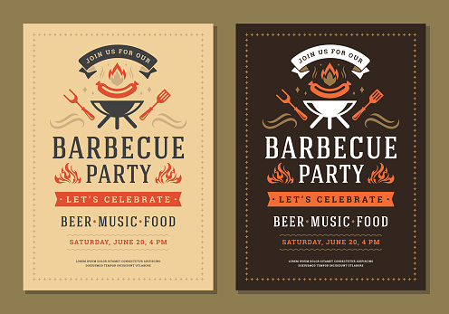 Barbecue party invitation flyer or poster design vector template. BBQ cookout event retro typography.