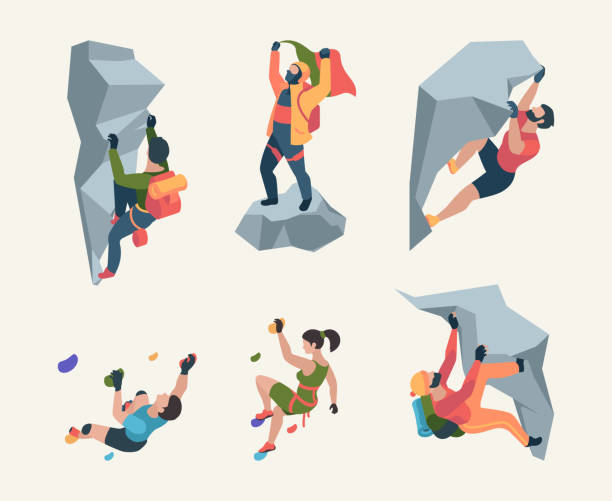 ilustraciones, imágenes clip art, dibujos animados e iconos de stock de escaladores de pared. alpinistas persona equipo deportivo personas saludables actividades de estilo de vida activo garish vector colección isométrica - rock climbing mountain climbing women climbing